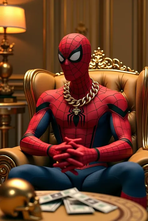 Generate a 3D photo of Spiderman in a very beautiful room full of golden things with his hand on a table with his fingers crossed and sitting in an armchair with golden skulls on top of his table and money in front of his table he sitting with his fingers ...