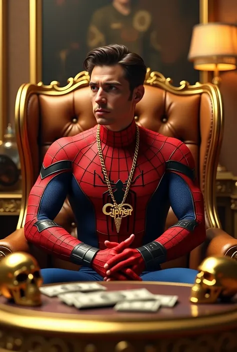 Generate a 3D photo of Spiderman in a very beautiful room full of golden things with his hand on a table with his fingers crossed and sitting in an armchair with golden skulls on top of his table and money in front of his table he sitting with his fingers ...