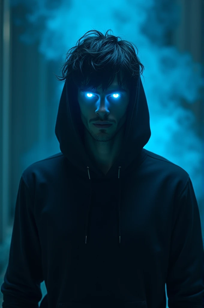 Make a man with black hair, wearing a black hoodie, He has neon blue eyes, with a neon blue aura behind