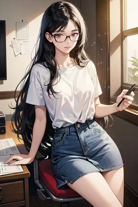 He is writing a mystery novel with a fountain pen, facing the manuscript paper on the desk.、Sitting in a chair、She has long black hair and wears glasses、Shes wearing a white t-shirt and a denim mini-skirt