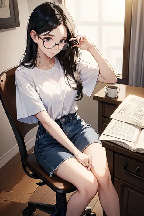 He is writing a mystery novel with a fountain pen, facing the manuscript paper on the desk.、Sitting in a chair、She has long black hair and wears glasses、Shes wearing a white t-shirt and a denim mini-skirt