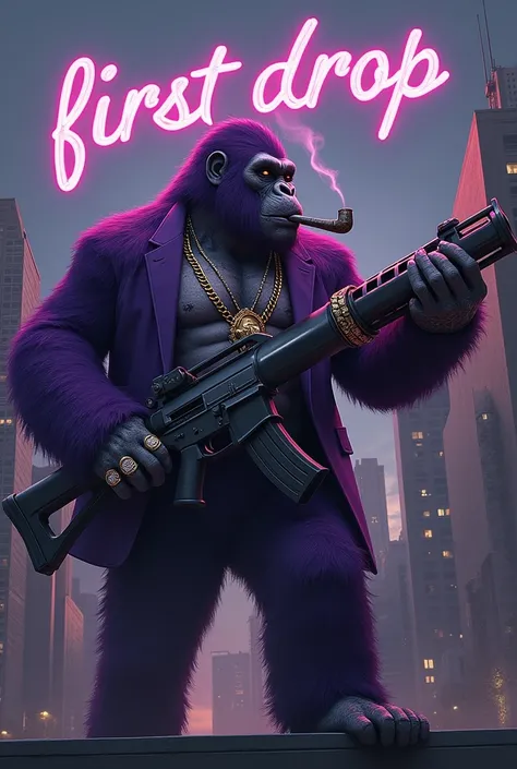 1 purple ape, on the roof of a building, With giant and high-caliber weapons, with gangster SUIT with chains, tattooed, with huge diamond and gold rings, smoking with a pipe, with the words in the sky that say "first drop"