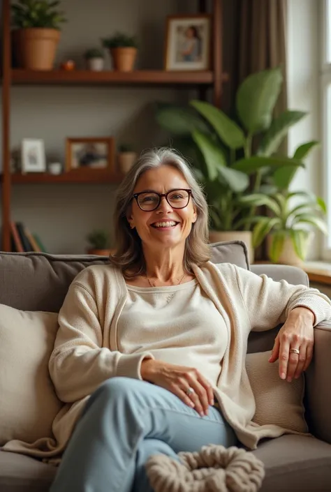 Happy woman with glasses sitting in her living room 