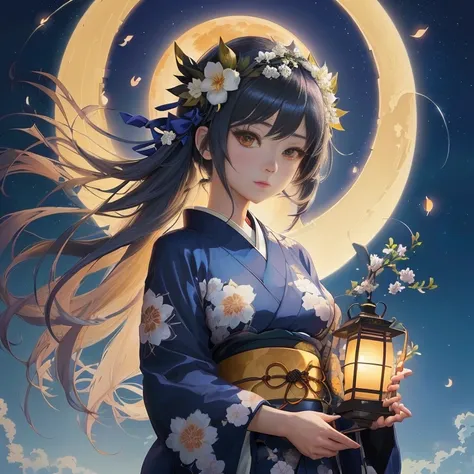 anime girl in kimono outfit holding lantern with moon in background, anime moe artstyle, anime style 4 k, beautiful anime portrait, anime art wallpaper 8 k, beautiful anime, anime art wallpaper 4k, anime art wallpaper 4 k, beautiful anime girl, anime walla...