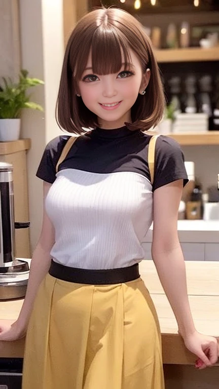 (Long summer skirt:1.3)、Sleeveless shirt、1 person、Bob Hair、Medium breast、smile、whole body、The navel is visible、masterpiece:1.3、Raw photo quality、Highest quality、Detailed Images、Detailed Background、Inside the cafe、Standing in front of the counter、