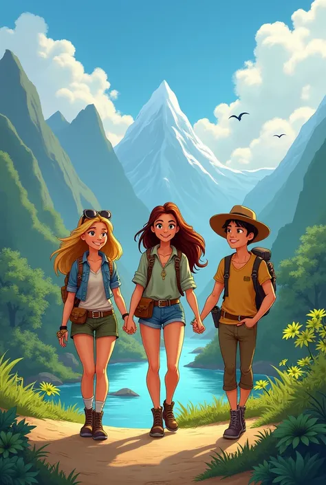 Create 3 adventure friends 2 women and a man disney characters  