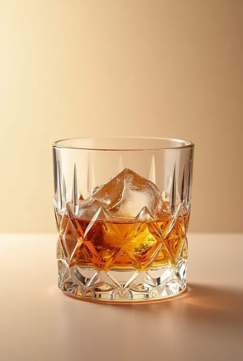 smaller short glass of wiskey with many cristal details and ice inside taking a realistic photo with beige background 