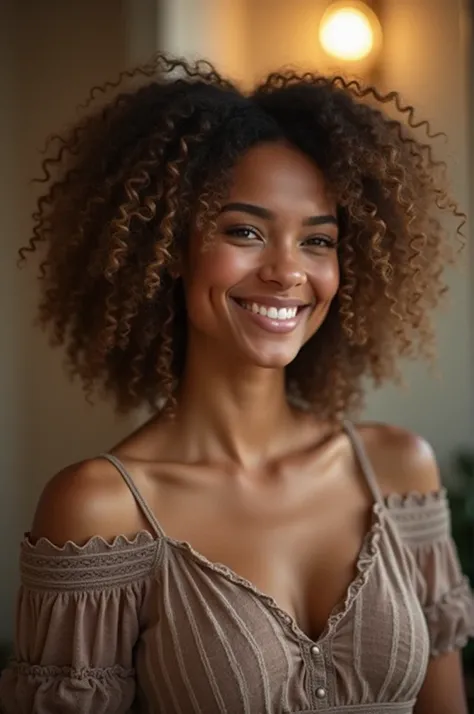 Curly-haired woman being proposed to.