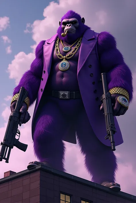 1 purple ape, on the roof of a building, With giant and high-caliber weapons, with gangster SUIT with chains, tattooed, with huge diamond and gold rings, smoking with a pipe, with the words in the sky that say "first drop"