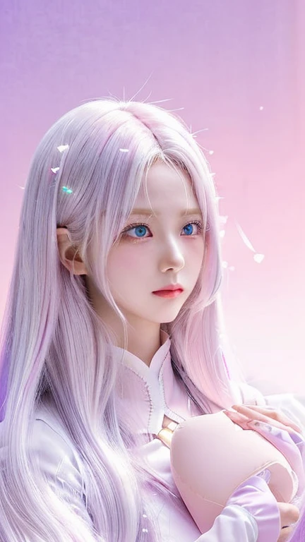 Anime girl with pink eyes and long hair holding a pink heart, visual anime of a cute girl, beautiful anime face, cute anime face, extremely cute anime girl face, Girl with white hair, cute anime face, White haired deity, ethereal anime, Perfect white hair ...