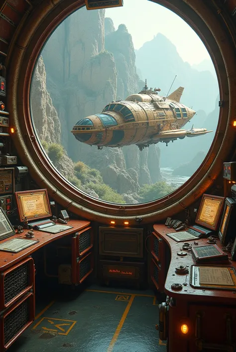 steampunk exterior of a spaceship. Through the windows you can see the landscape of an alien planet., The entire space is filled with work consoles with electronic devices and screens, full hd