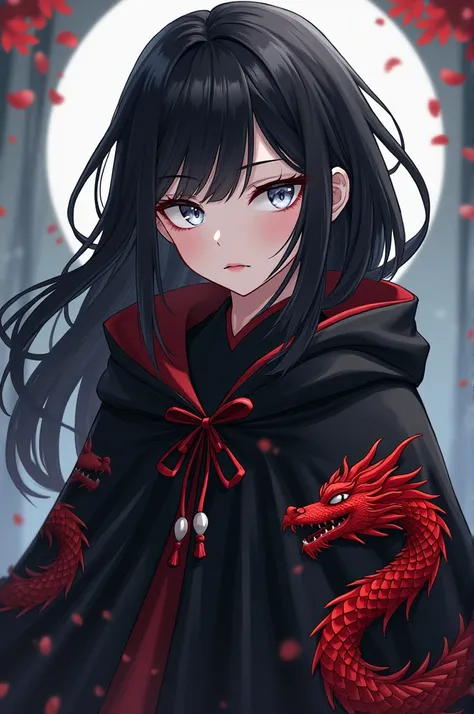 Generate a 19-year-old anime-style girl, He has black hair, beautiful white eyes, wearing a black cloak with red dragon decorations 