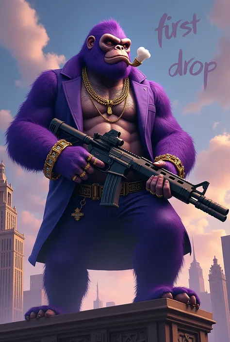 1 purple ape, on the roof of a building, With giant and high-caliber weapons, with gangster SUIT with chains, tattooed, with huge diamond and gold rings, smoking with a pipe, with the words in the sky that say "first drop"