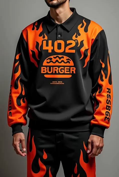 Design a complete uniform for a burger restaurant with the 402burger logo in black and orange with a polo-style t-shirt and jogger pants that are creative, urban and disruptive with creative designs and flames on the sweatshirt and t-shirt and a cap 