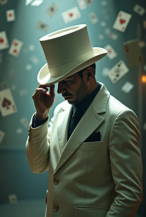 Zé Pelintra, wearing a white suit and top hat, head bowed, hand on the hat, with a background of flying cards. 