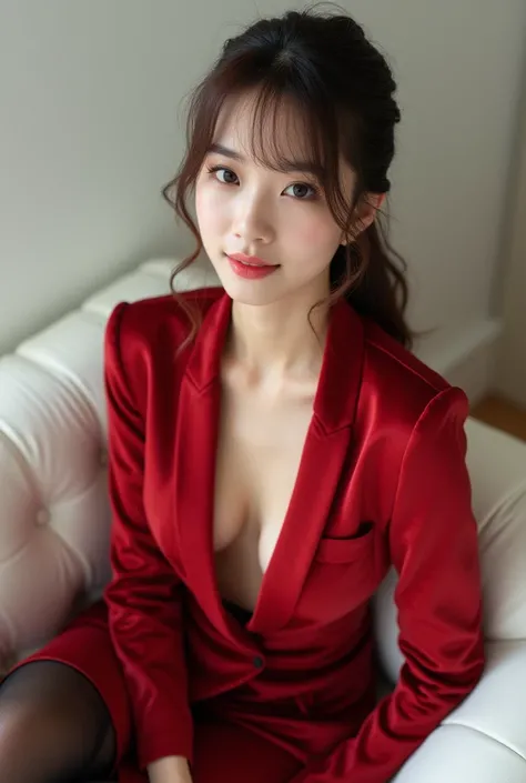 A woman wearing a red hat is sitting on a white sofa。, Black Stockings, Cute and elegant pose, Asian women in Arafe, Shirahime cut hairstyle, Neat hair with bangs, Kurohime cut hair, Cute - Beautiful face, Ulzzang, Beautiful Japanese Face, Cute - Beautiful...