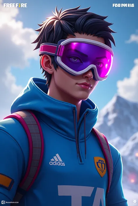 Well, I want to create my Free Fire character, he wears a blue team shirt and purple and pink ski goggles.