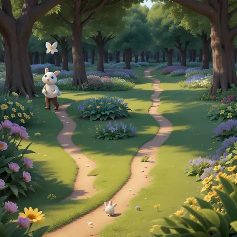 A trail of vibrant flower petals winding across the forest floor, with the little white rabbit following curiously.