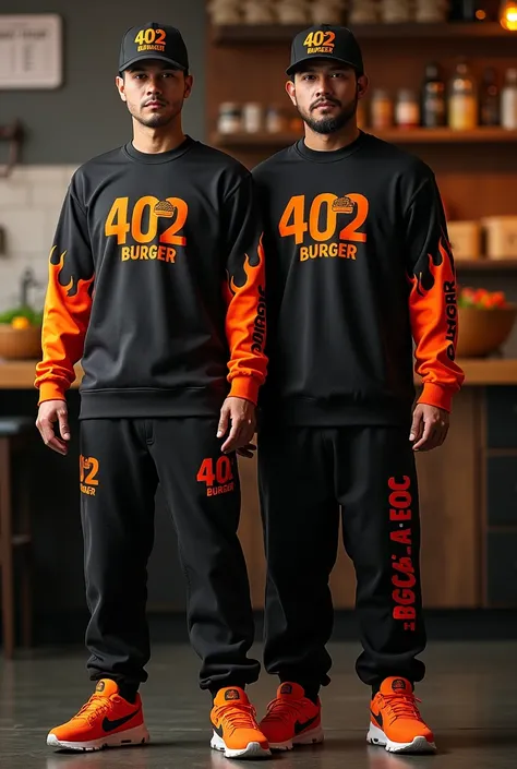 Design a complete uniform for a burger restaurant with the 402burger logo in black and orange with a polo-style t-shirt and jogger pants that are creative, urban and disruptive with creative designs and flames on the sweatshirt and t-shirt and a cap 