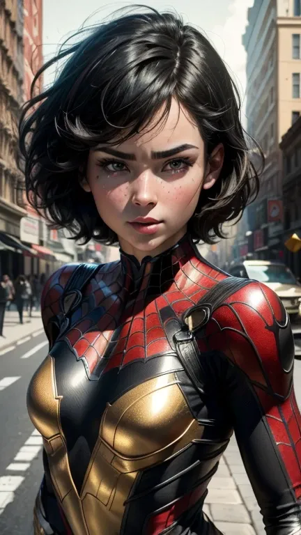 Beautiful woman, well-defined body, wearing Spider-Man clothes, small breasts, (masterpiece:1.3), (8k, photorealistic, RAW photo, best quality: 1.4), (1girl), beautiful face, (realistic face), (black hair, short hair:1.3), beautiful hairstyle, realistic ey...