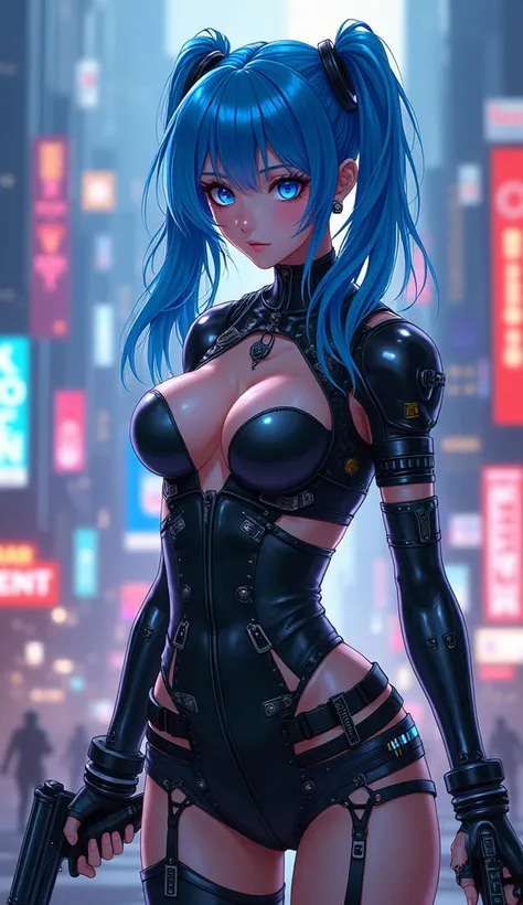 an anime, a sensual blue-haired girl, blue eyes, dressed as a cyberpunk mercenary, urban style, she wields a sword in one hand and a pistol in the other, in the background a futuristic city dazzles with its neon lights.