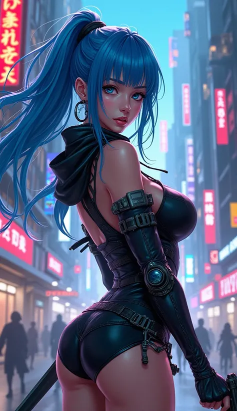 an anime, a sensual blue-haired girl, blue eyes, dressed as a cyberpunk mercenary, urban style, she wields a sword in one hand and a pistol in the other, in the background a futuristic city dazzles with its neon lights.