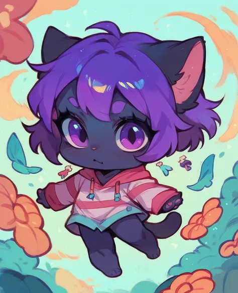 little cat, kid girl cat, cub, fully black fur, purple hair, purple eyes, chibi