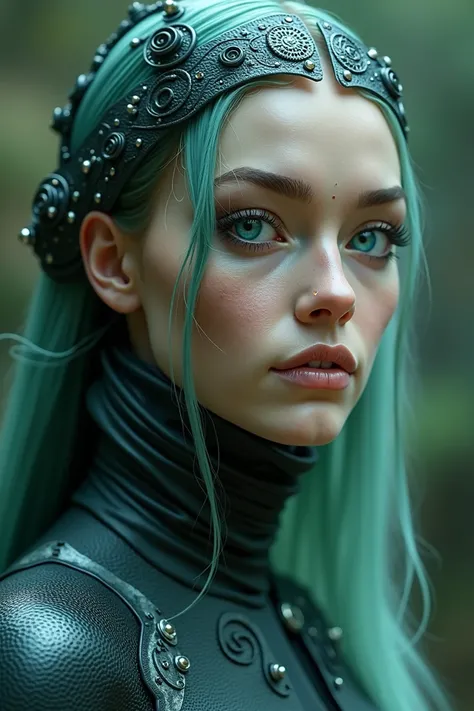 Generate an ultra-realistic image of Morgana, a cybernetic sorceress of mystical and sculptural beauty. Imagine a striking fusion of ancient magic and futuristic technology, with impeccable cinematic aesthetics. Female One, of surreal and ethereal beauty. ...