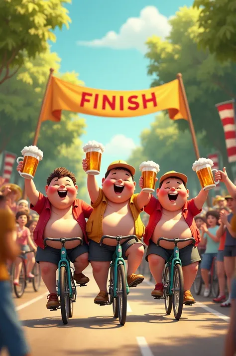 Chubby characters at the finish line of a bike race with beer 