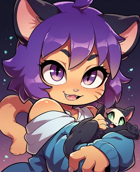 little cat, kid girl cat, cub, fully black fur, purple hair, purple eyes