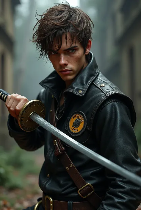 Make a young man with messy brown hair , wearing black leather hunter clothes with a badge that says hunter, May he have a Japanese sword 