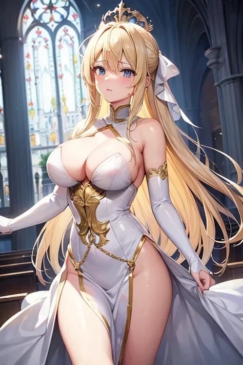 Blonde, tears, masterpiece,One person, Highest quality, Large Breasts, Soft Light, Background blur, Angel Halo, Textured skin, Heterochromia, Majestic Church Artoria Pendragon,crown,