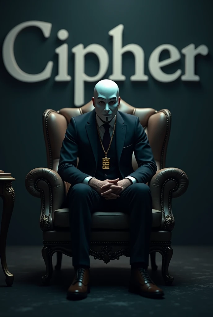 Generate a photo of a guy wearing a hacker mask and a suit, sitting in an armchair in a dark studio with a gold chain written in the middle of the chain Cipher and with his palms on the table with his hands crossed in 3d and with good quality and behind th...