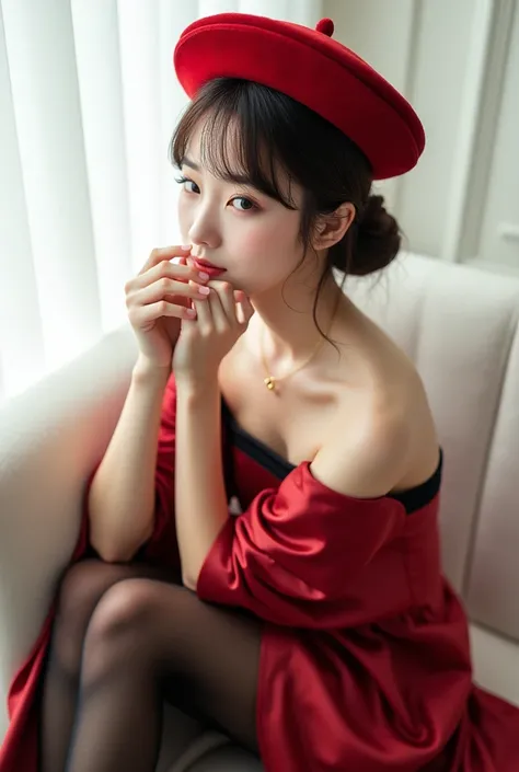 A woman wearing a red hat is sitting on a white sofa。, Black Stockings, Cute and elegant pose, Asian women in Arafe, Shirahime cut hairstyle, Neat hair with bangs, Kurohime cut hair, Cute - Beautiful face, Ulzzang, Beautiful Japanese Face, Cute - Beautiful...