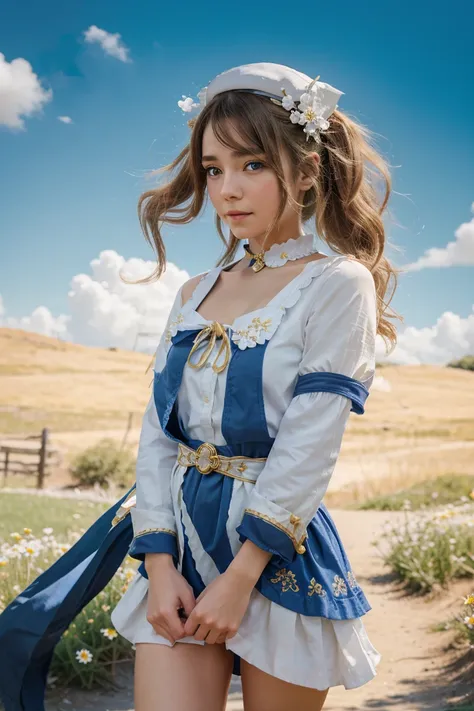 {Charming anime girl with wavy, light brown hair adorned with white floral accessories and a navy blue hat with golden accents, her bright blue eyes sparkle with delight:0.9}, {She wears a whimsical sailor dress in pristine white with navy blue and golden ...