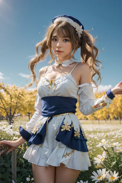 {Charming anime girl with wavy, light brown hair adorned with white floral accessories and a navy blue hat with golden accents, her bright blue eyes sparkle with delight:0.9}, {She wears a whimsical sailor dress in pristine white with navy blue and golden ...