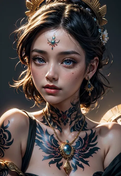 a beautiful girl with tattoos on her body, wearing a native dress, 1girl, detailed face and eyes, beautiful detailed lips, extremely detailed eyes and face, longeyelashes, intricate details, oil painting, realistic, photorealistic, photo-realistic:1.37, be...