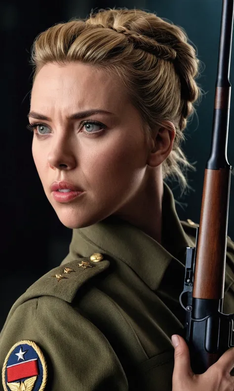 scarlett johansson, military uniform, holding rifle, hair tied up, detailed face, beautiful eyes, beautiful lips, lean muscular body, serious expression, dramatic lighting, cinematic, photorealistic, 8k, high quality, hyper detailed