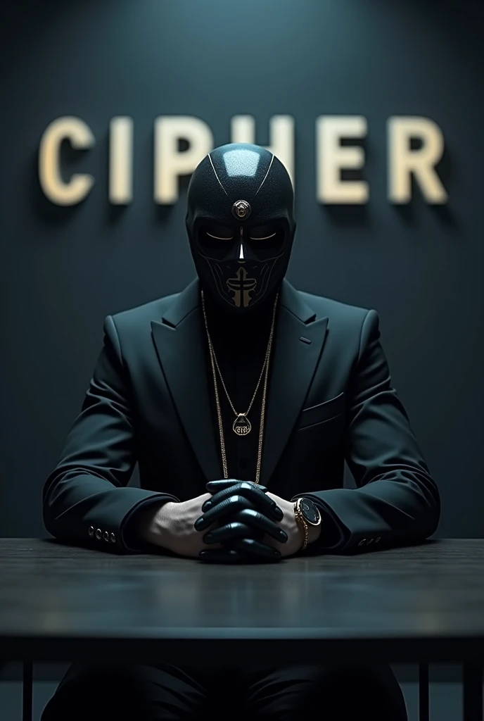 Generate a photo of a guy wearing a hacker mask and a suit, sitting in an armchair in a dark studio with a gold chain written in the middle of the chain Cipher and with his palms on the table with his hands crossed in 3d and with good quality and behind th...