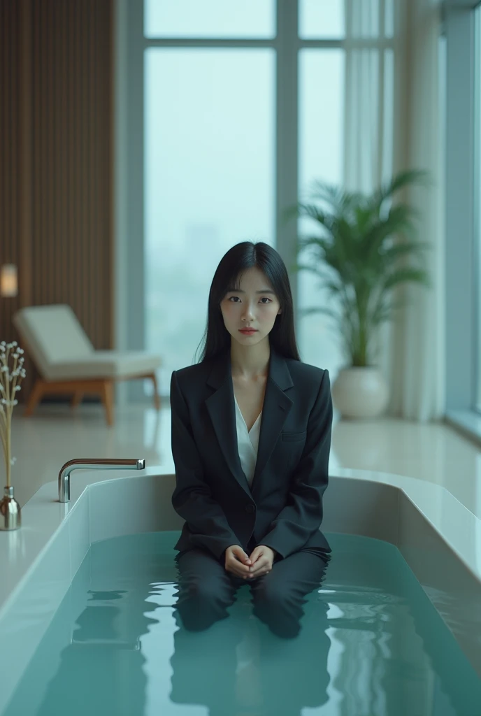 (photorealism:1.2), beautiful Japanese woman, 32 years old, sitting in the bath, wearing business suits, black long straight, indoors, soft lighting, large room, relaxed pose, realistic, intricate details, cool colors