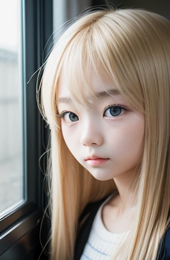 Create a photo of a korean Asian teenager,beautiful girl, pltinum blondehair,10yo,narrow eyes:1.5,