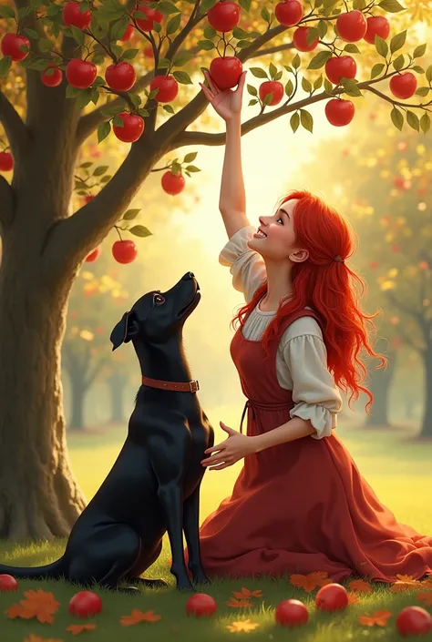 A red-haired woman picking apples from the tree,and a black dog beside her