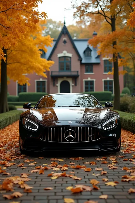 a black car parked in a driveway next to a house and trees in the background with leaves on the ground, Cornelisz Hendriksz Vroom, aestheticism, luxury, a picture