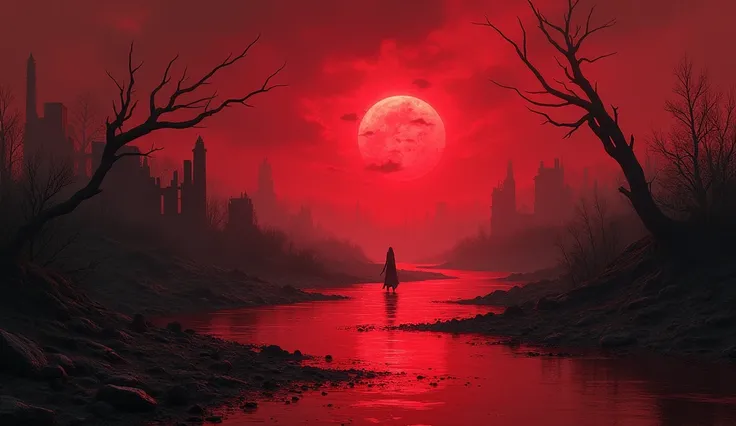 Bloody river, red sky, horror 