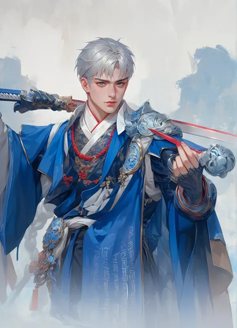 anime character dressed in blue holding a sword and a sword, zhao yun, heise jinyao, inspired by Guan Daosheng, inspired by Bian Shoumin, inspired by Zhao Yuan, cai xukun, inspirado em Hong Ren, inspired by Dong Yuan, g liulian art style, inspired by Zhang...