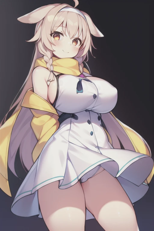 1girl, Korone, smile, dog ears, twin braids, sidelocks, hair ornament, ((white dress)), yellow jacket, dress, jacket, open clothes, open jacket, short dress, sleeveless dress, huge breasts, wide hips, thick thighs, tall, tall female, mature female, bandana...