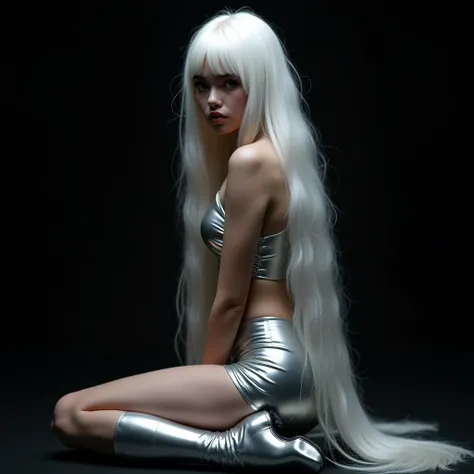 A girl with long white hair with her back sitting on the floor and her hair wet, I want the black background to show her looking back, She will wear a silver latex crop top, a silver skirt, and silver latex boots. 