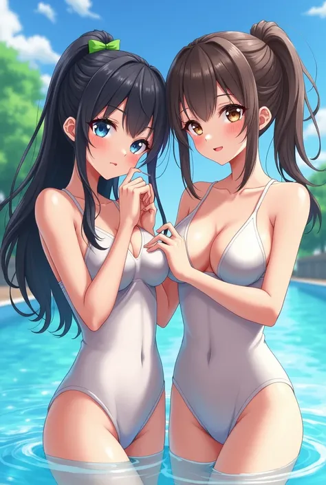 Highest quality、High resolution、Detailed Background、(Beautiful face in every detail:1.4)、Detailed facial expressions、Detailed eyes、Teenage beauty、Highly detailed face、(Huge breasts:1.2)、Perfect body line、ponytail、Twin tails、White school swimsuit made of sh...