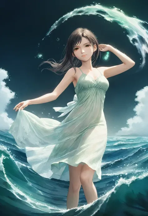 (A photorealistic masterpiece, Highest quality), ((One girl, alone, Black Hair)), Bare shoulders, Bare arms, Bare neck, watercolor, Sundress, casting a spell to invoke water spirits, swirling waves, water ritual, green_theme, night, haze, translucent, Shar...