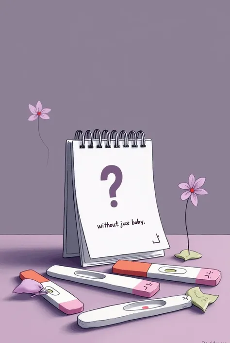 A background with pregnancy tests and a calendar with a question mark in lilac color with the written phrases: "without a baby, just gases" 